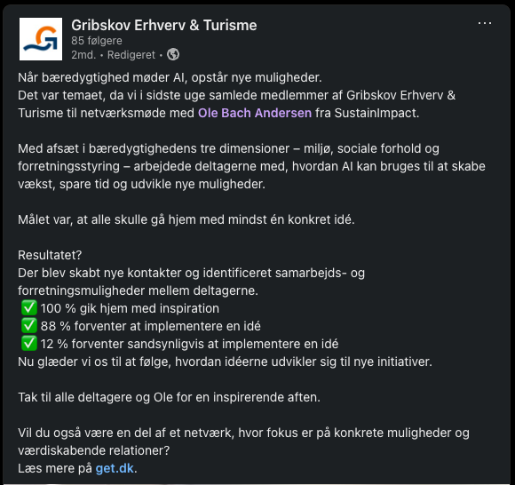 Gribskov Erhverv og Turisme Workshop LinkedIn opslag
